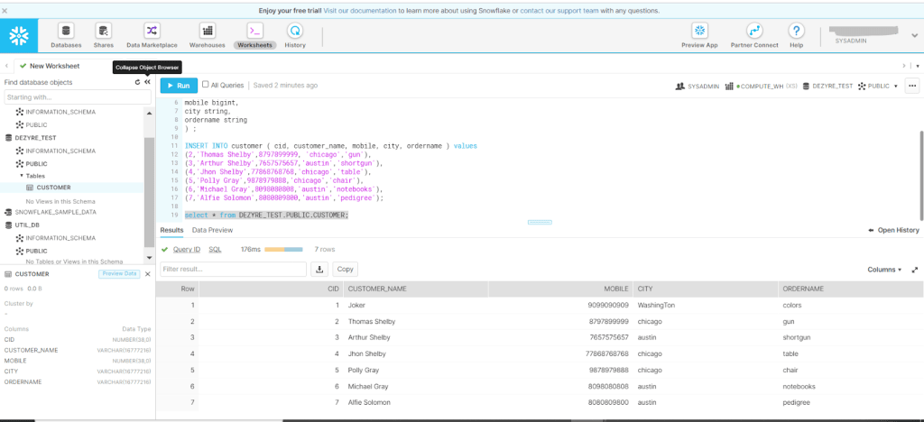 Snowflake Truncate Table - Fetch and display data from the table